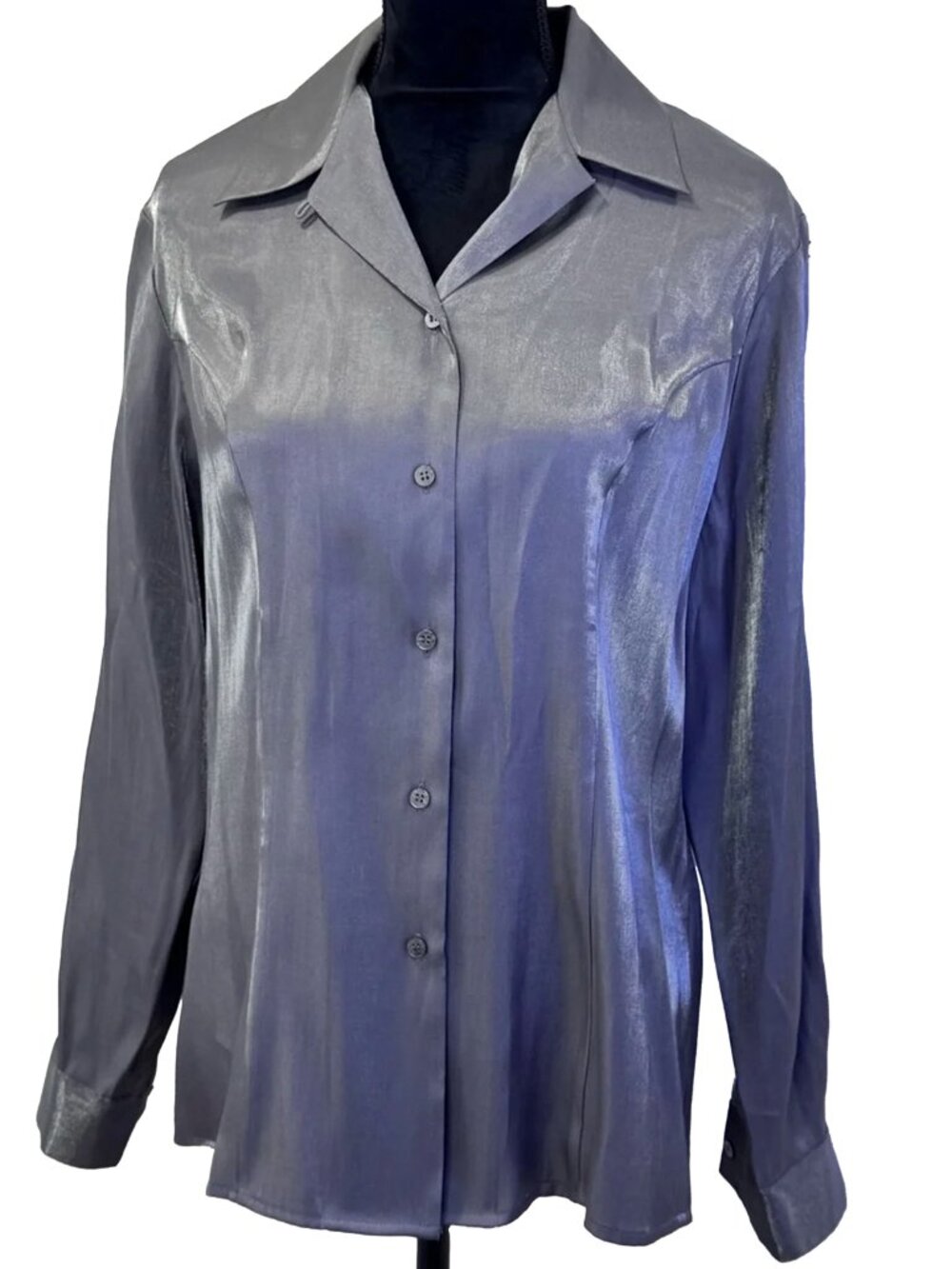 Preston & York Metallic Silver Button Down Blouse Size 10 Satin Shimmer